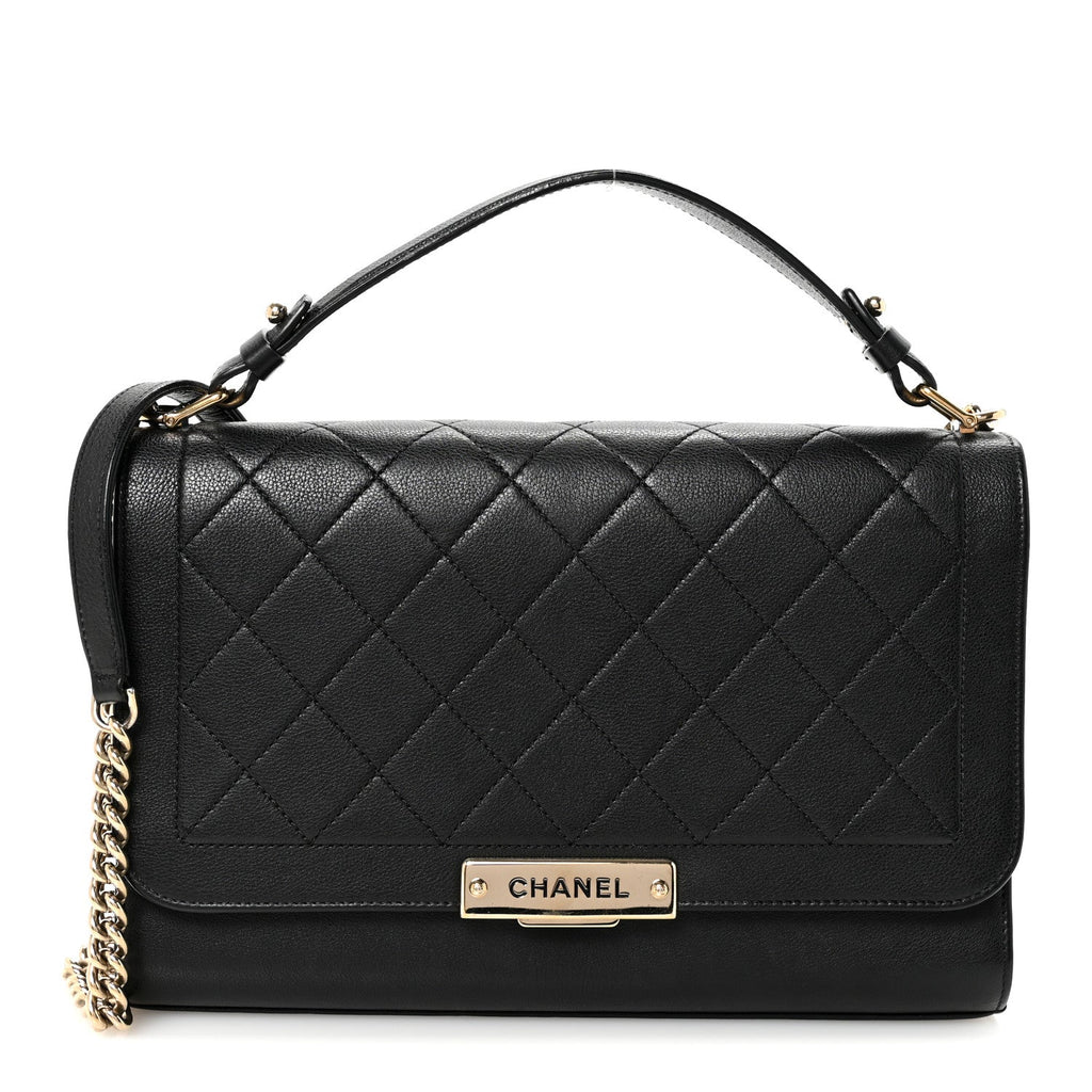 Grained Calfskin Quilted Large Label  Flap Bag Black