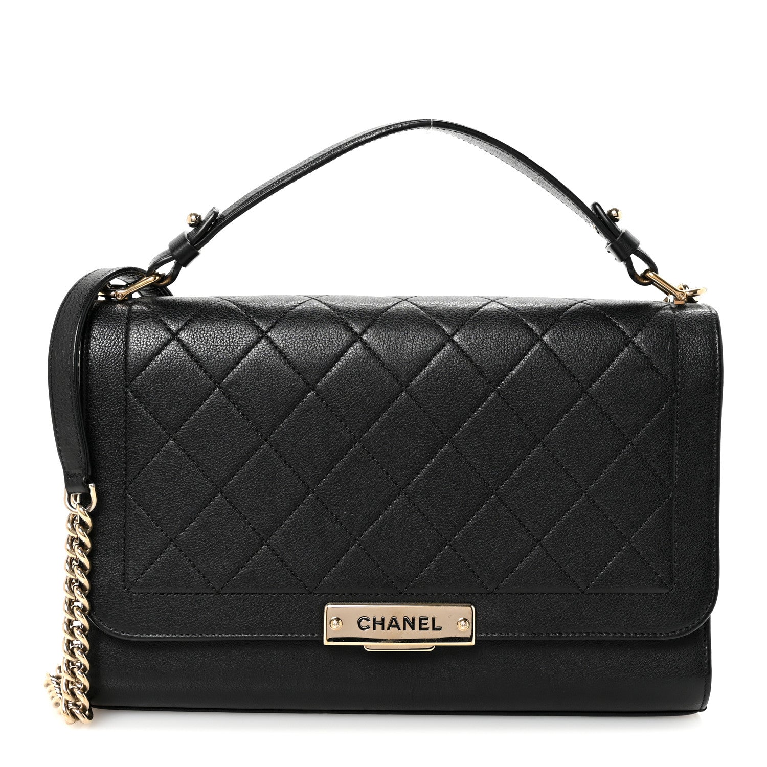 Grained Calfskin Quilted Large Label  Flap Bag Black