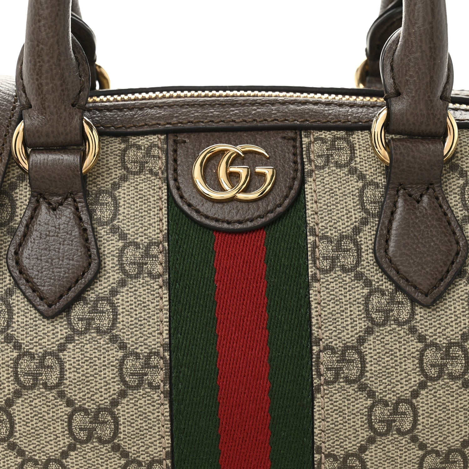 GG Supreme Monogram Textured Dollar Calfskin Web Mini Ophidia Top Handle Bag Beige Ebony New Acero