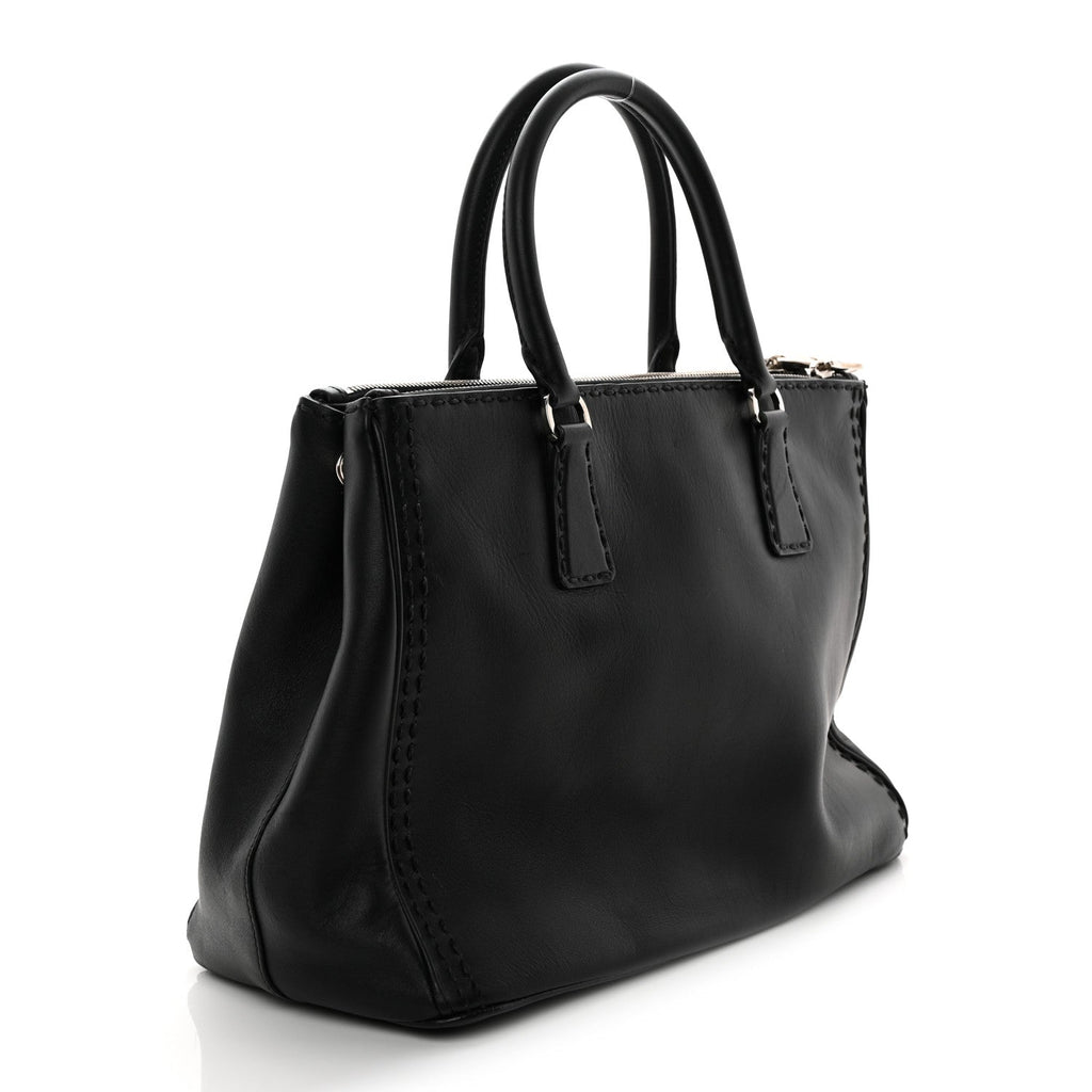 City Calf Hand Stitched Large Galleria Double Zip Tote Black