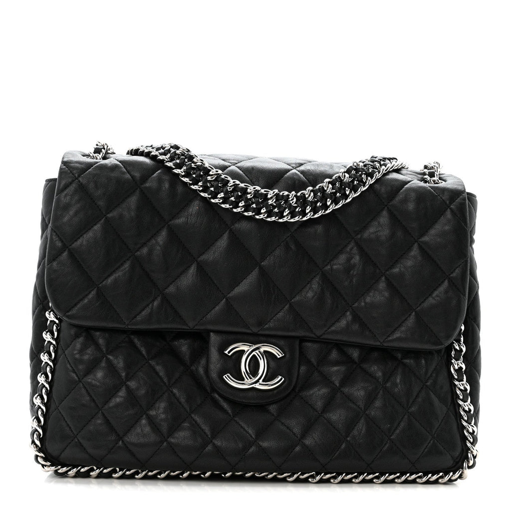 Washed Lambskin Quilted Maxi Chain Around Flap Black