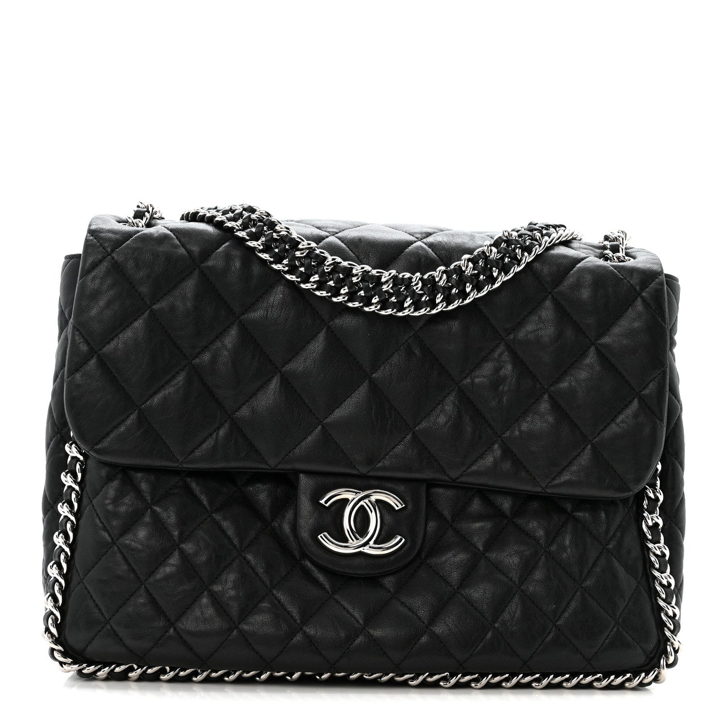 Washed Lambskin Quilted Maxi Chain Around Flap Black