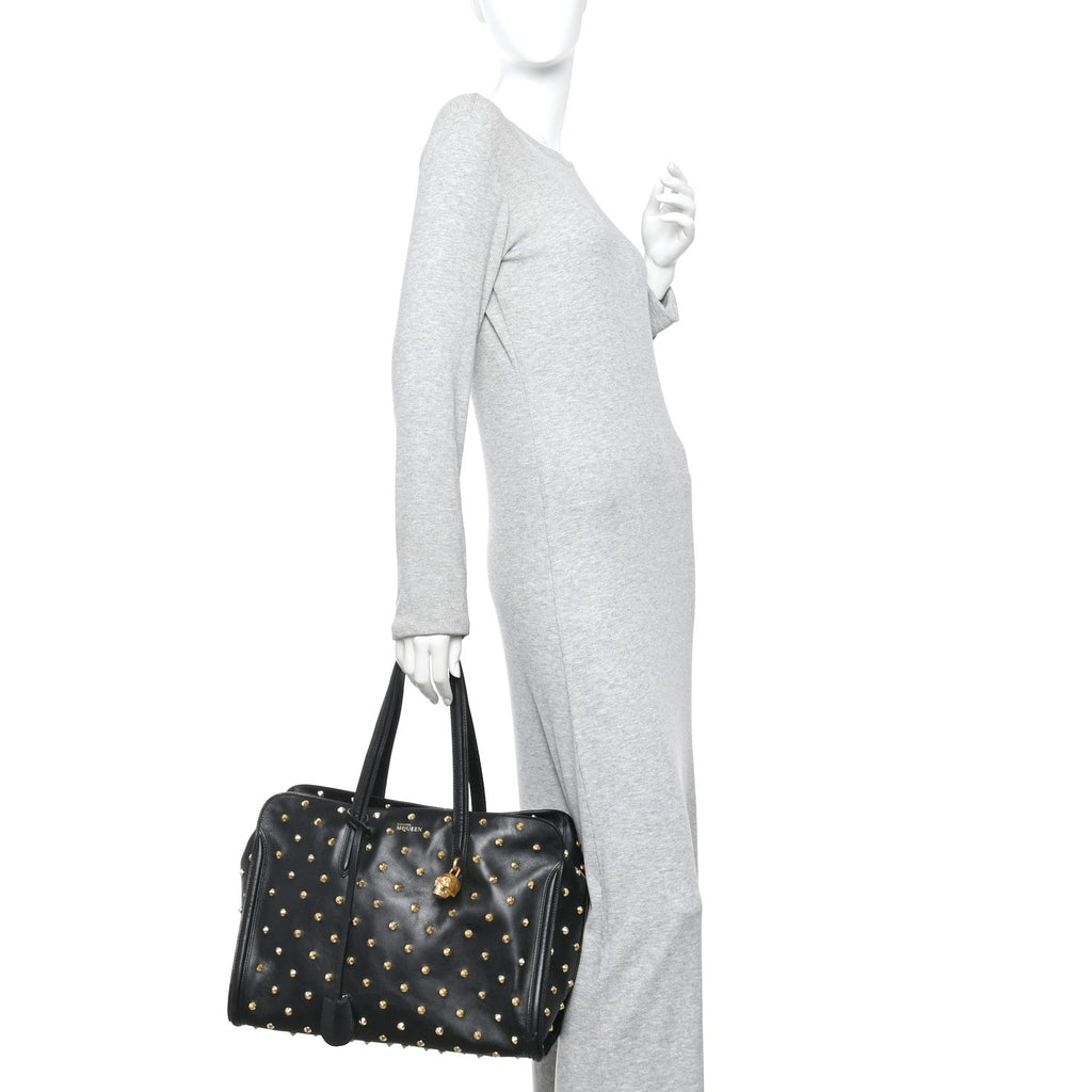 Calfskin Large Studded Padlock Zip Around Tote Black