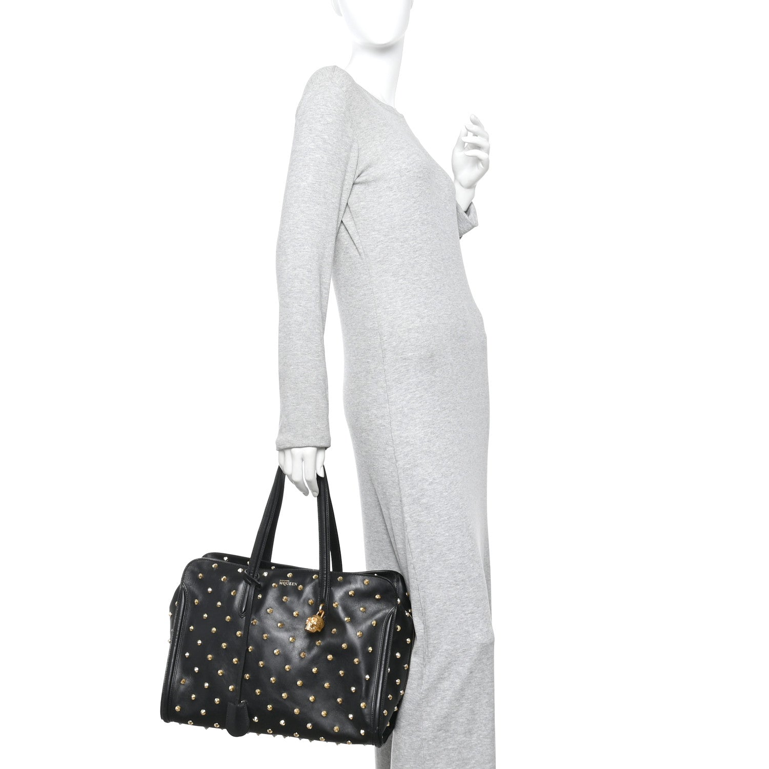 Calfskin Large Studded Padlock Zip Around Tote Black