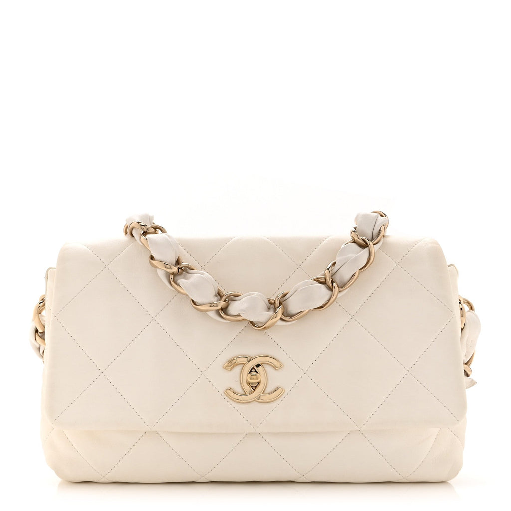Lambskin Quilted Logo Strap Flap White