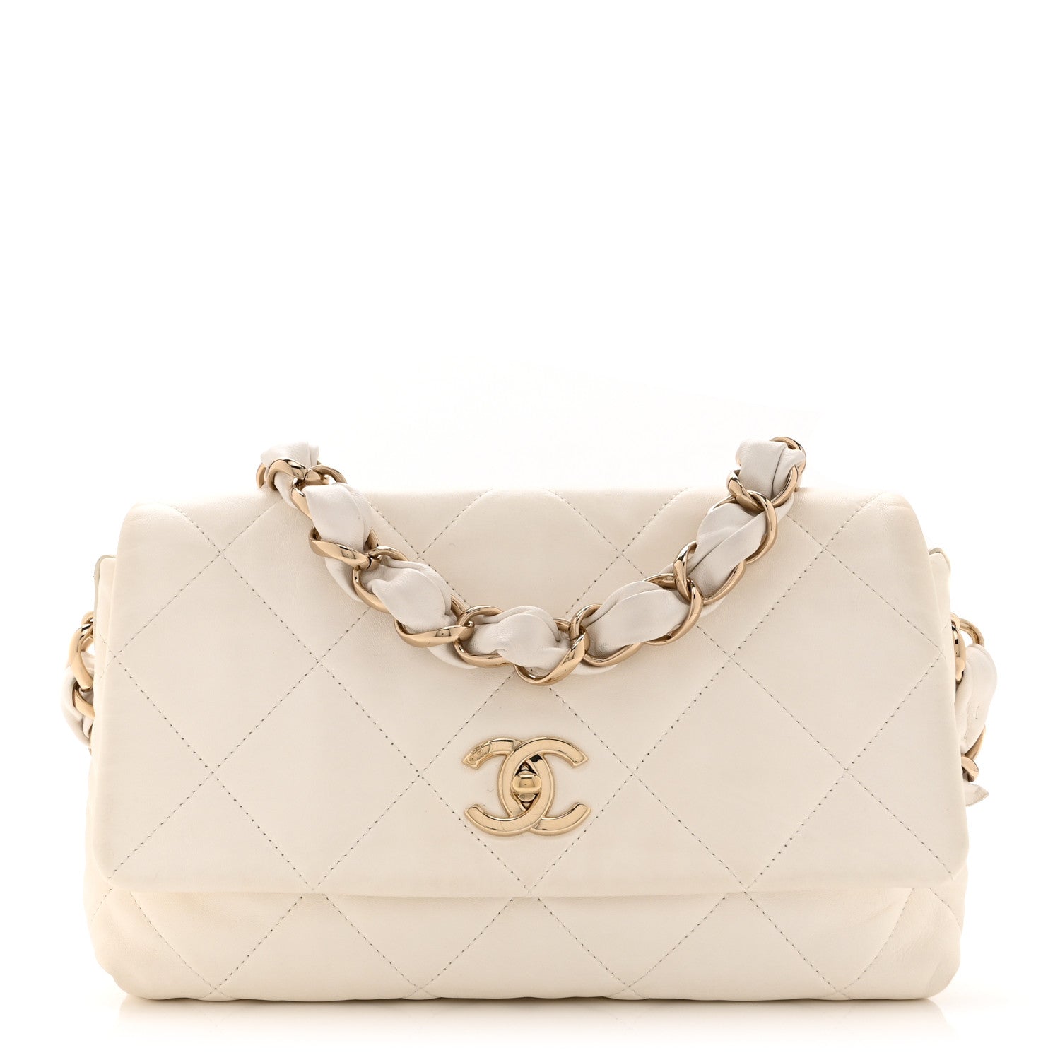 Lambskin Quilted Logo Strap Flap White