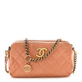 Calfskin Quilted Crown CC Double Zip Bag Beige