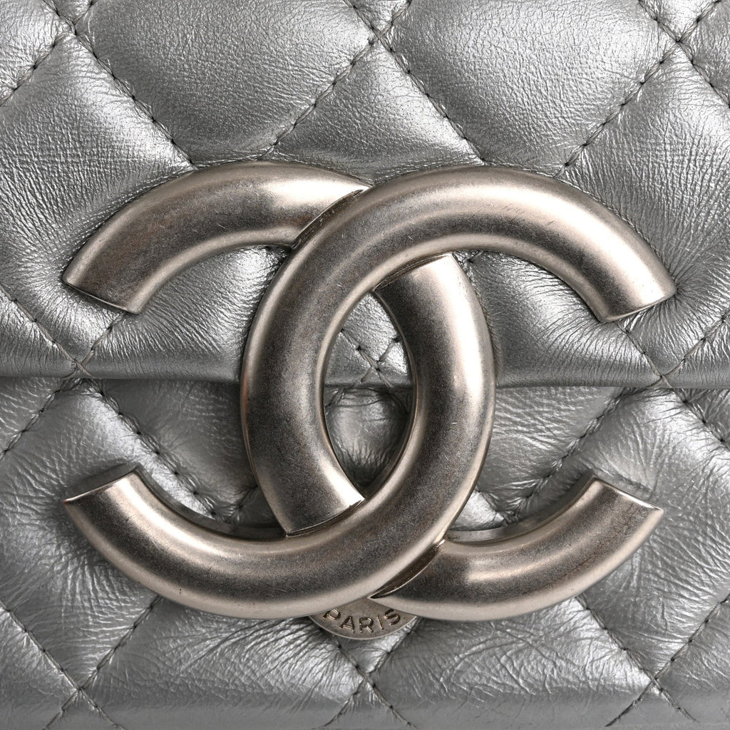 Metallic Lambskin Quilted Mini Giant CC Flap Argent