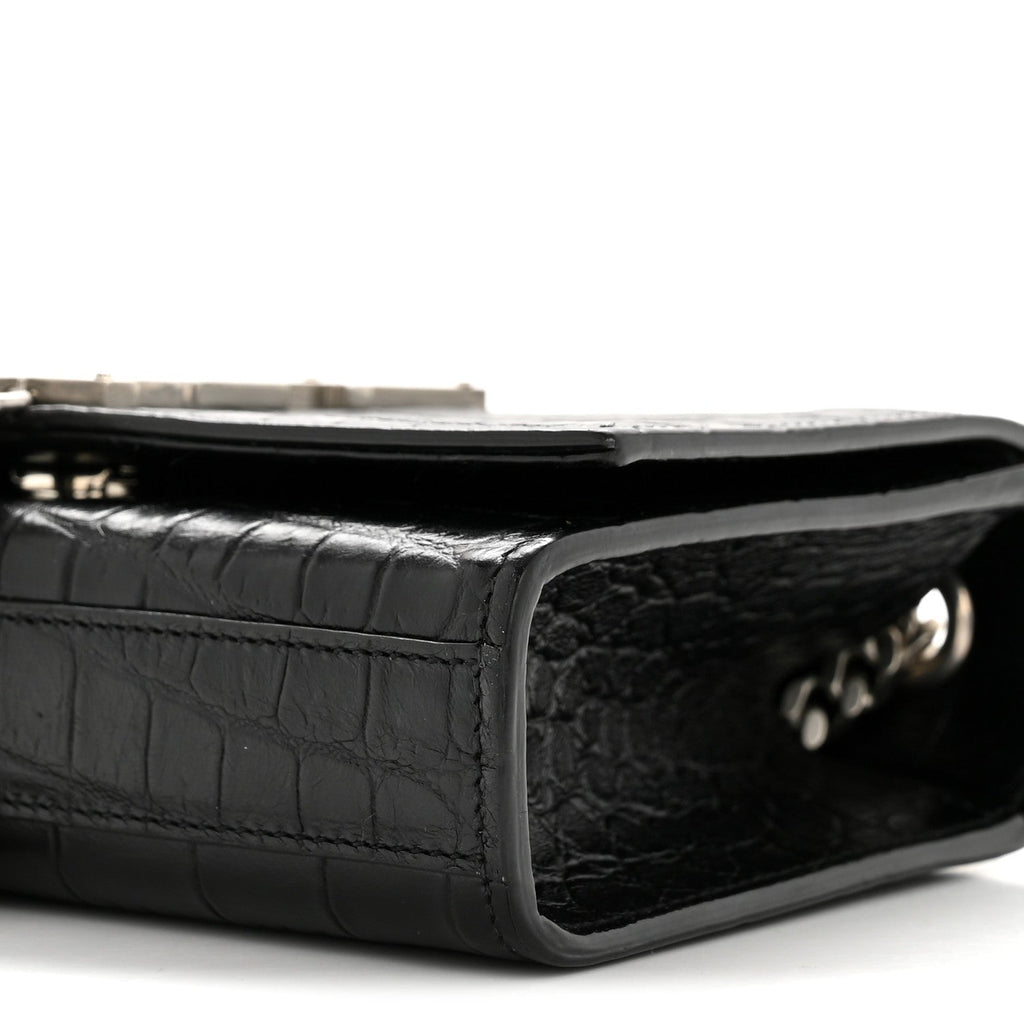 Calfskin Crocodile Embossed Small Classic Monogram Kate Tassel Satchel Black
