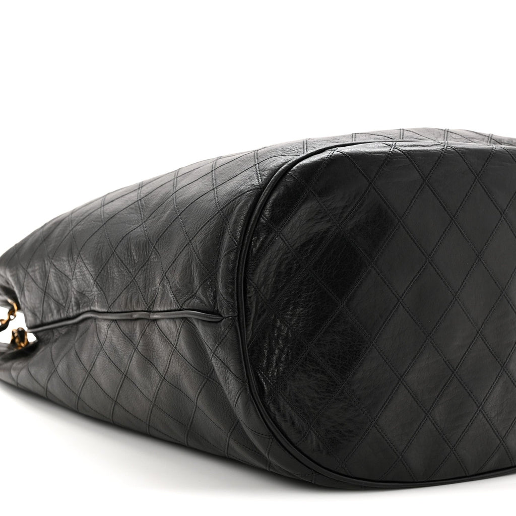 Grained Calfskin Quilted Drawstring Bucket Bag Black
