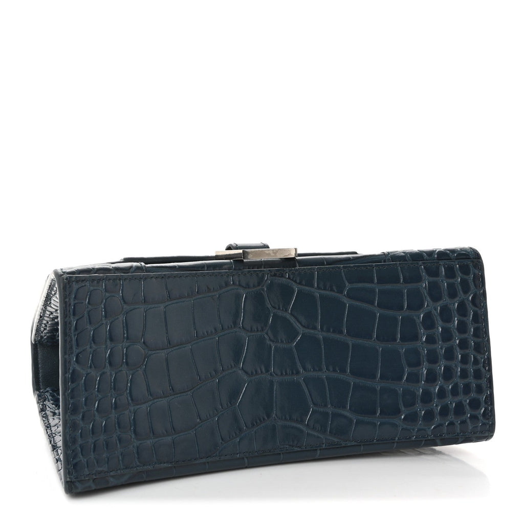 Shiny Calfskin Crocodile Embossed Small Hourglass Top Handle Bag Dark Petrol Blue