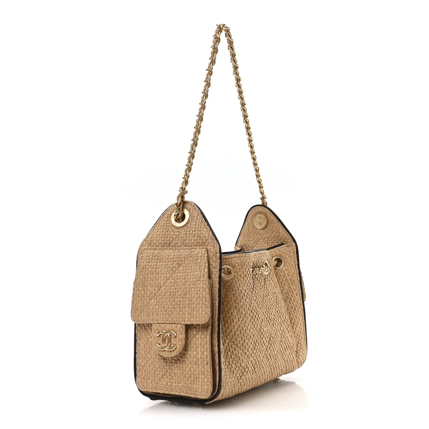 Braided Raffia Calfskin Quilted Mini Chanel 25 Handbag Beige Black