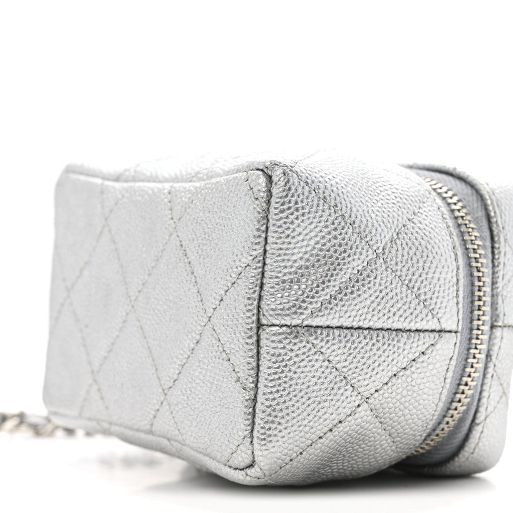Metallic Caviar Quilted Mini Top Handle Vanity With Chain Silver