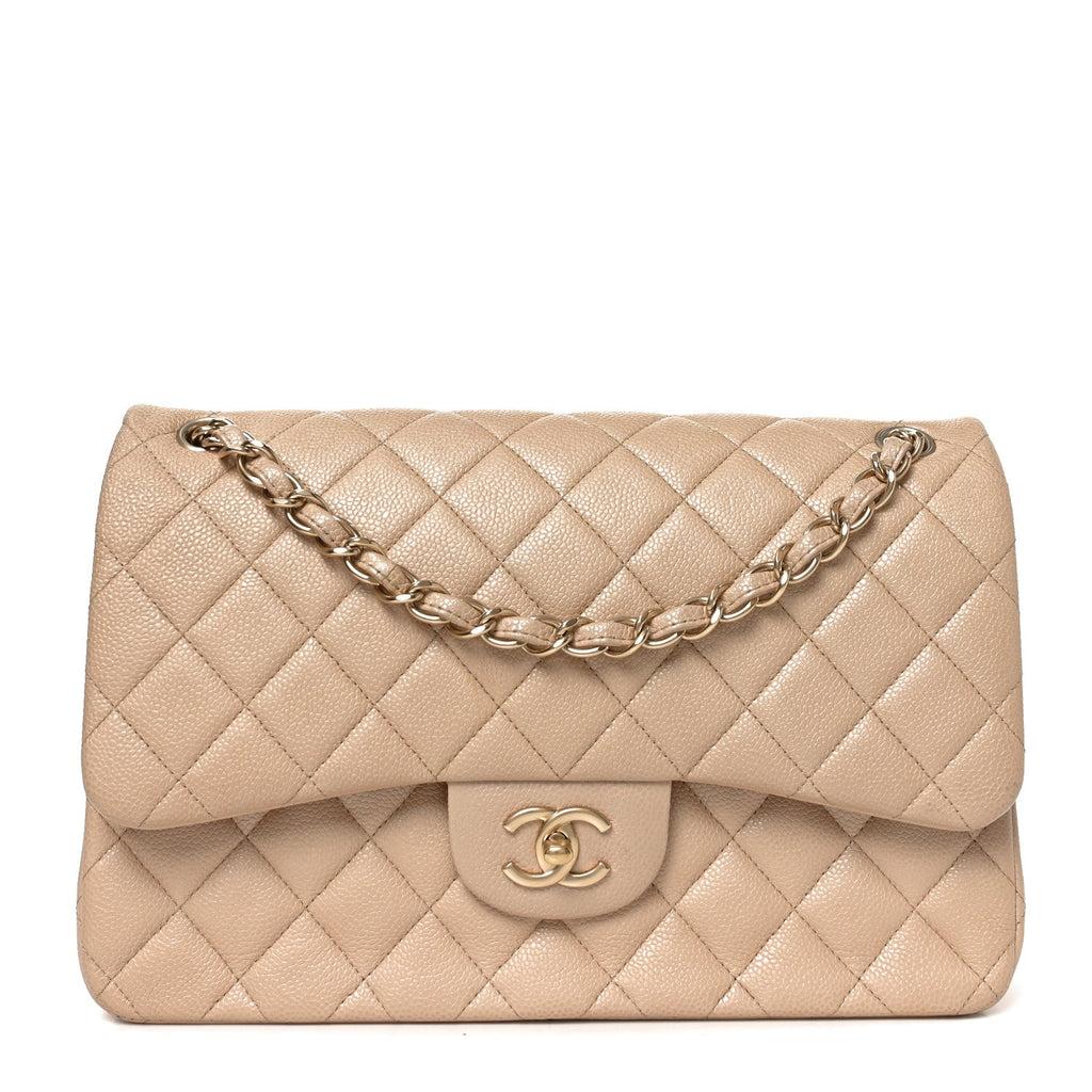 Pearly Caviar Quilted Jumbo Double Flap Beige
