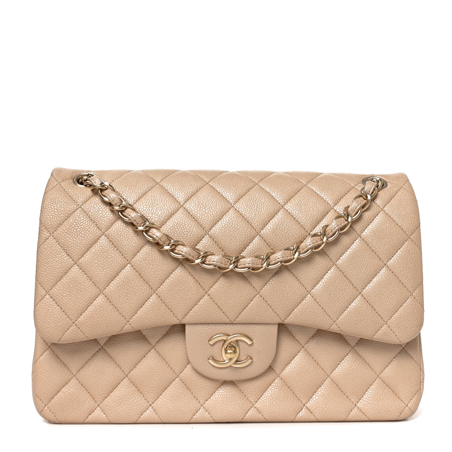 Pearly Caviar Quilted Jumbo Double Flap Beige