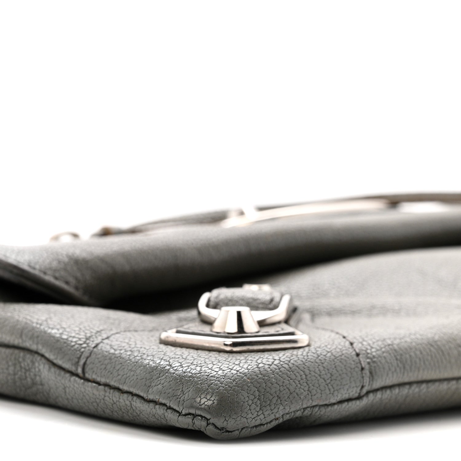 Chevre Silver Metallic Edge Hardware Envelope Clutch Gris Acier
