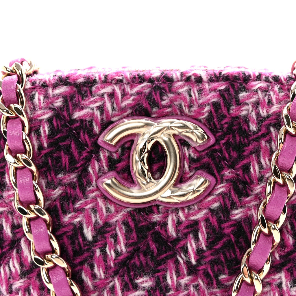 Tweed Quilted Mini Clutch With Chain Purple