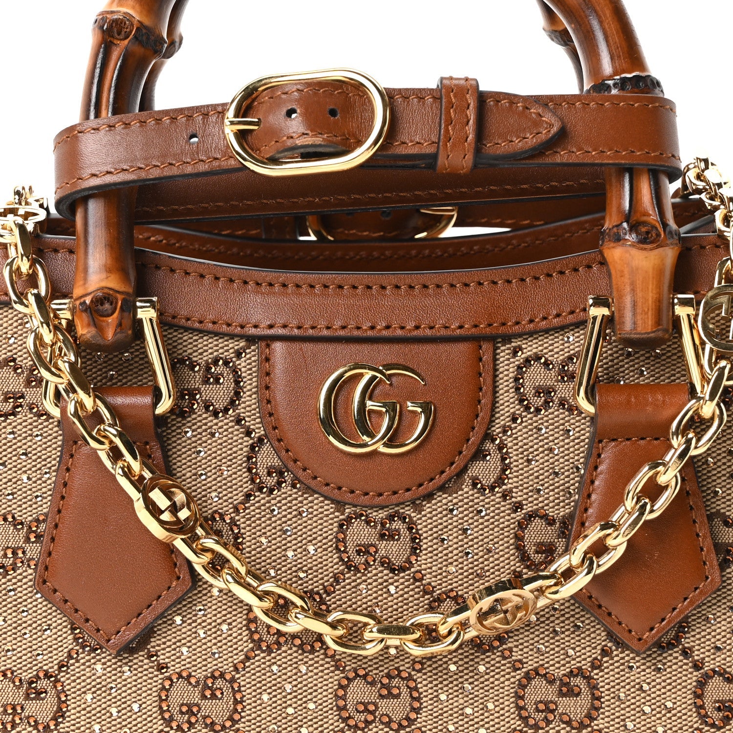 New Canvas Charisma Calfskin Crystal GG Monogram Mini Diana Tote Bag Camel Ebony