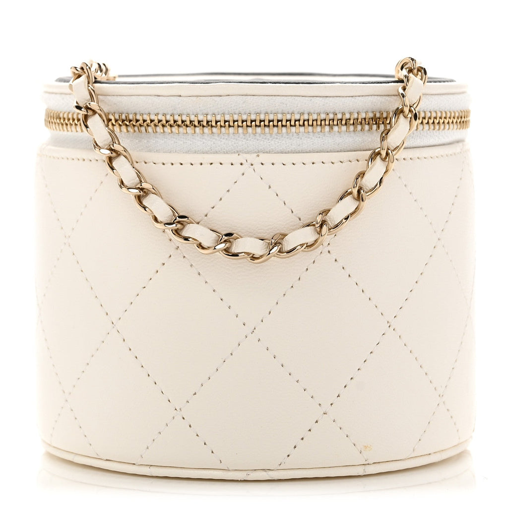 Lambskin Quilted Round Small Vanity Case With Chain White Black