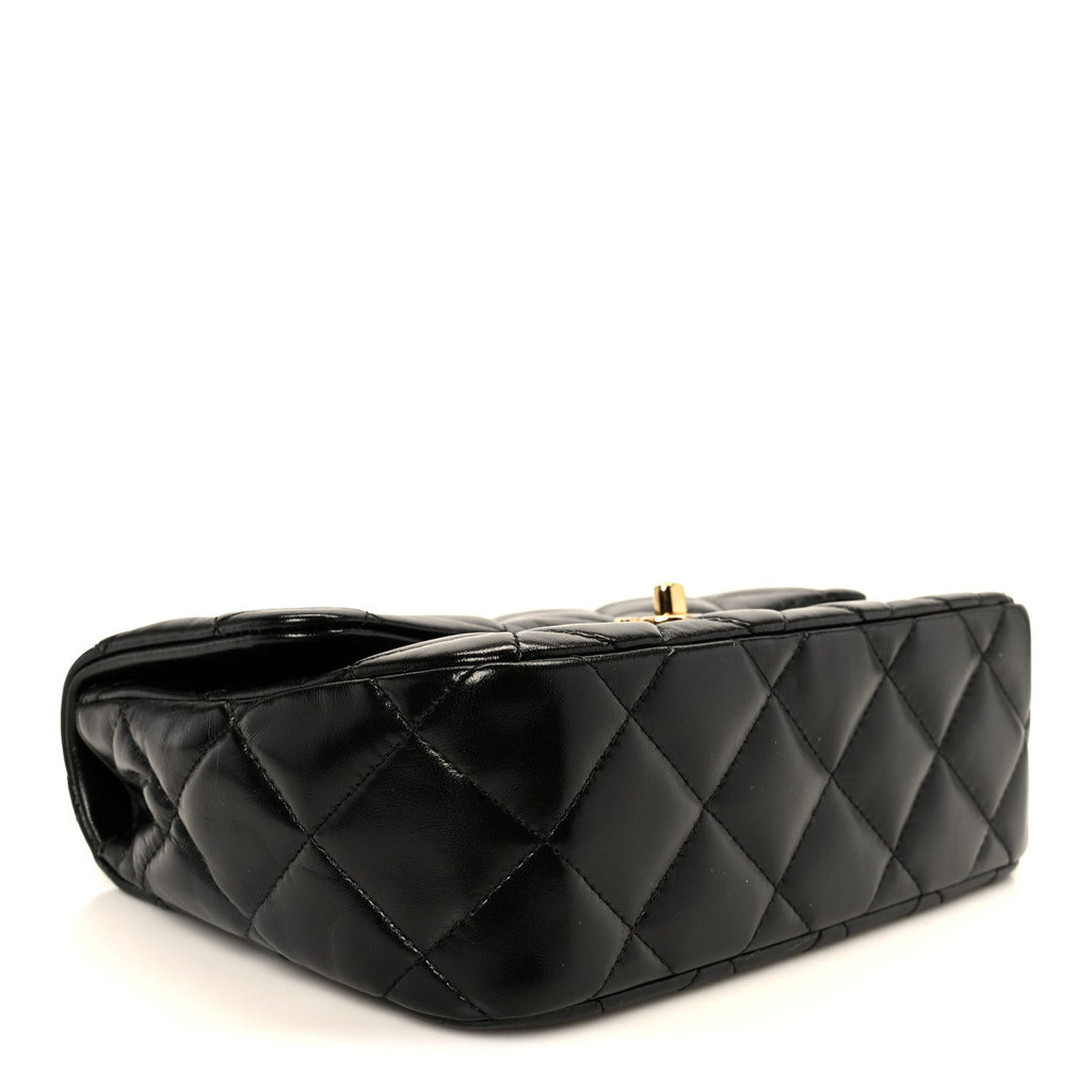 Shiny Lambskin Quilted Golden Links Top Handle Flap Black