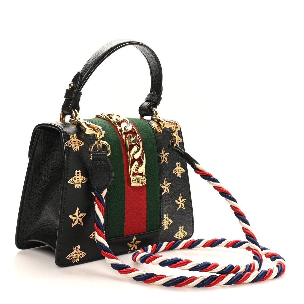 Textured Calfskin Bee Star Print Mini Sylvie Top Handle Bag Black