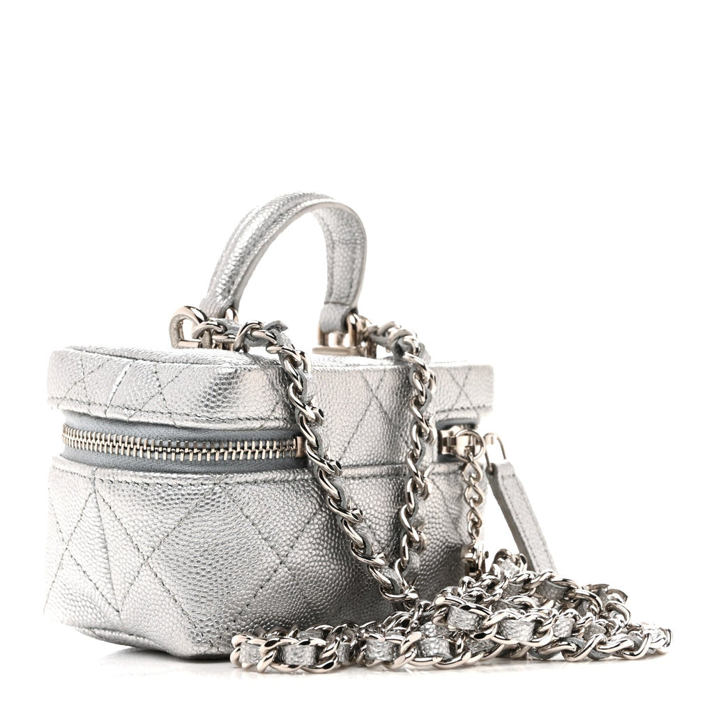 Metallic Caviar Quilted Mini Top Handle Vanity With Chain Silver