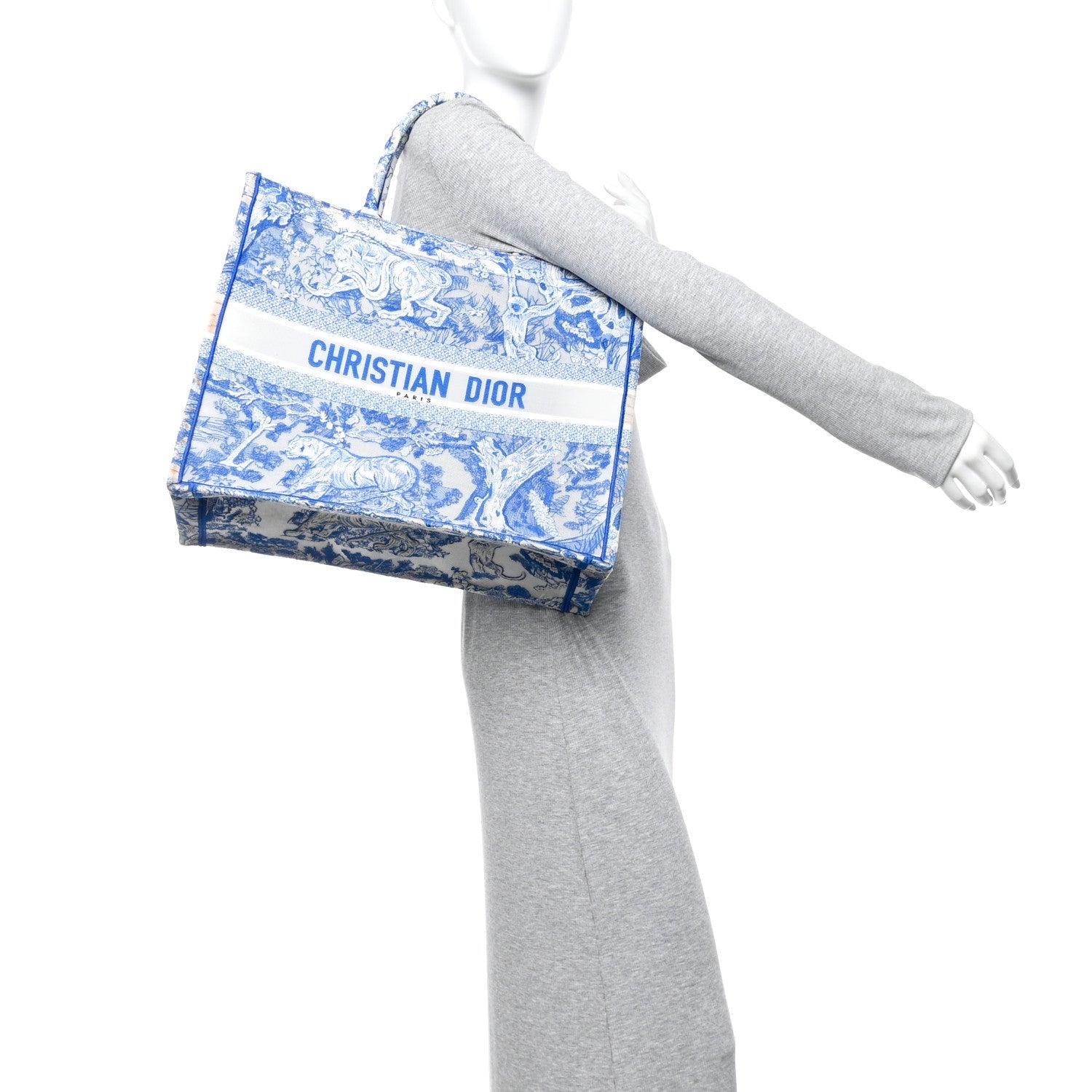 Transparent Canvas Embroidered Large Toile De Jouy Reverse Book Tote Fluorescent Blue