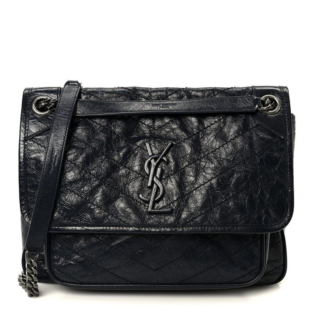 Crinkled Calfskin Matelasse Monogram Medium Niki Chain Satchel Deep Marine