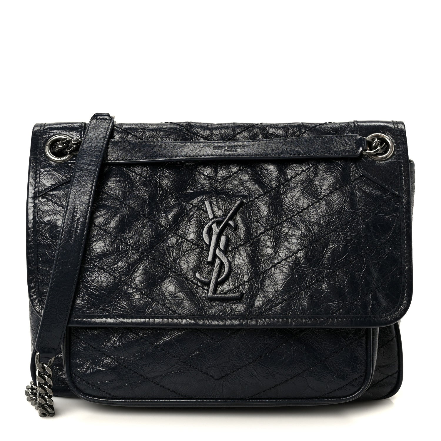 Crinkled Calfskin Matelasse Monogram Medium Niki Chain Satchel Deep Marine