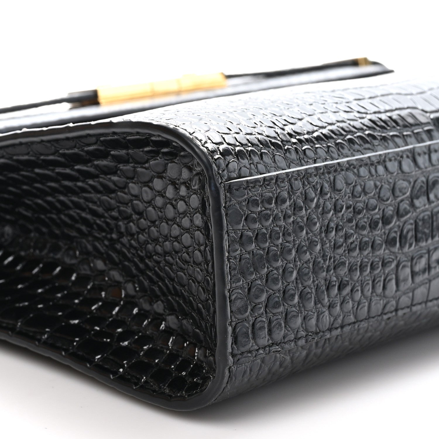 Shiny Calfskin Crocodile Embossed Manhattan Baguette Black