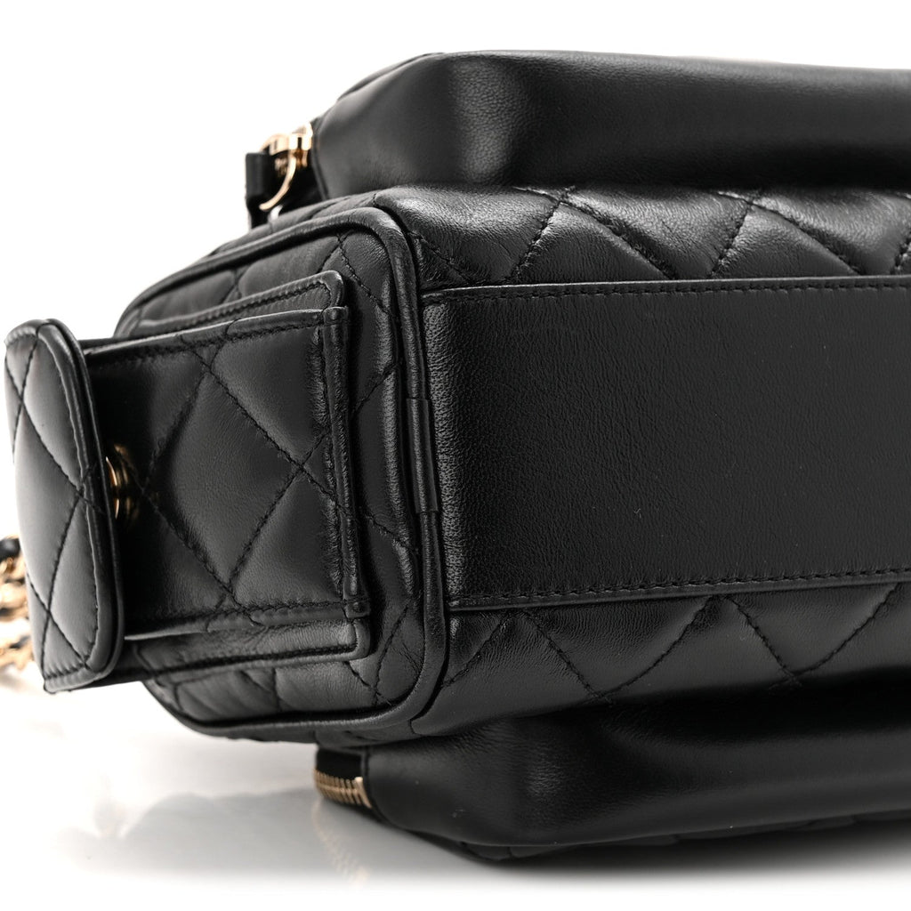 Shiny Crumpled Lambskin Quilted Small Preppy Pocket Camera Case Black