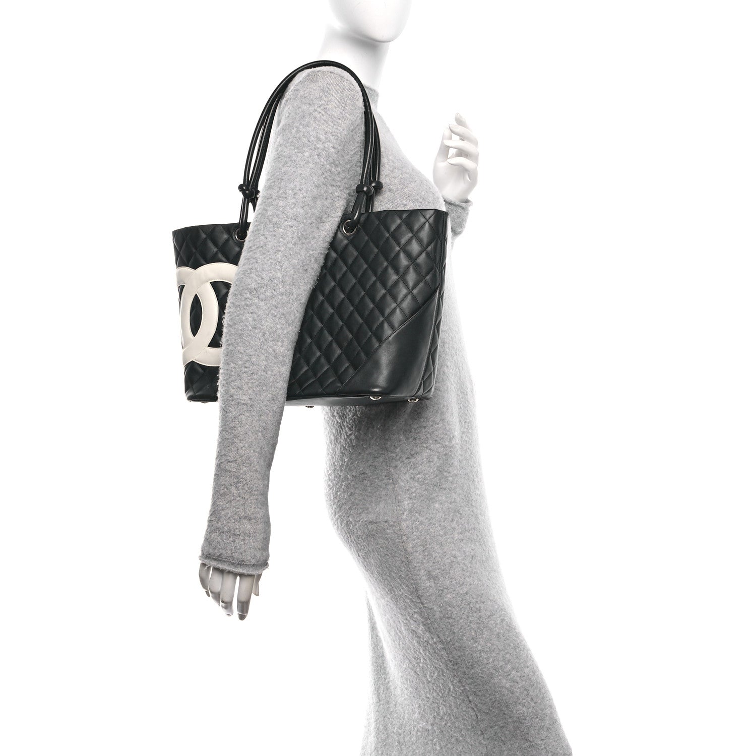 Calfskin Quilted Large Cambon Tote Black White