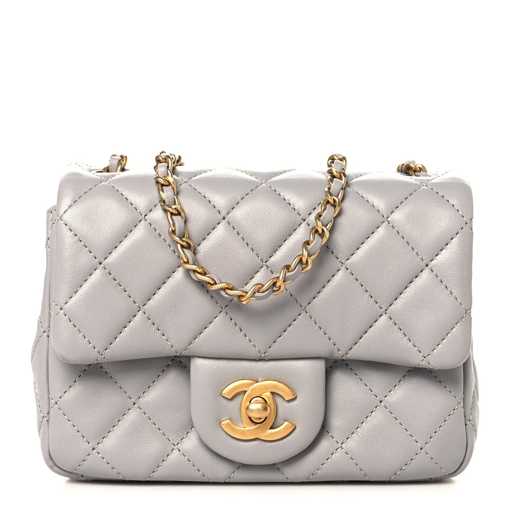 Lambskin Quilted Mini Pearl Crush Flap Light Grey