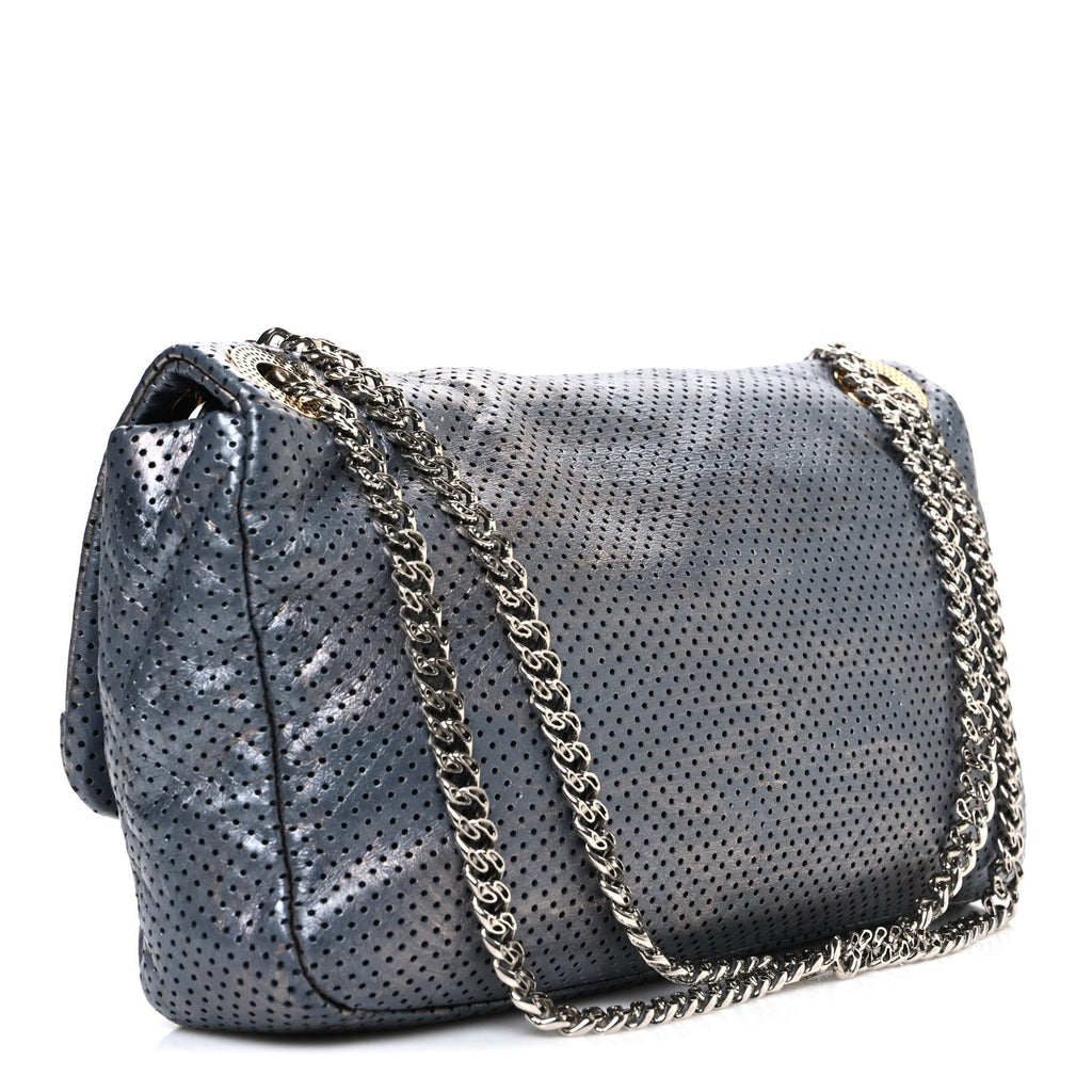 Metallic Crackled Calfskin Perforated Drill Flap Silver