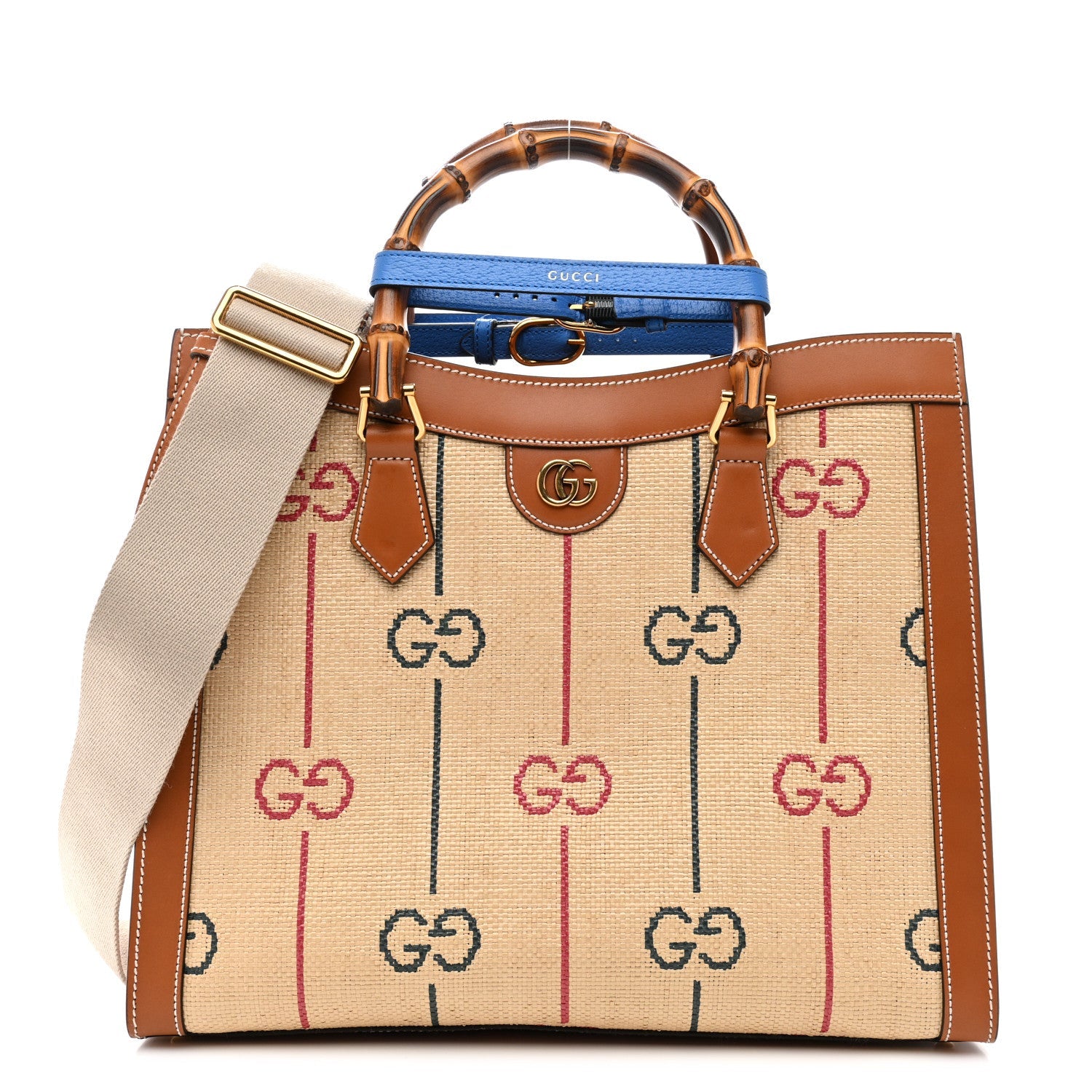 Raffia Monogram GG Jacquard Medium Diana Tote Bag Natural Red Green Modern Blue