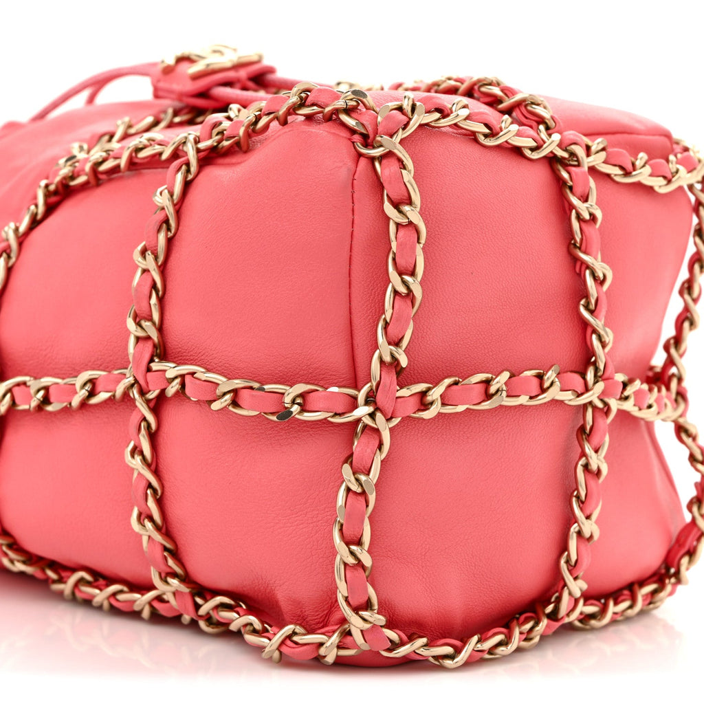 Lambskin Bucket Chain Drawstring Bag Pink