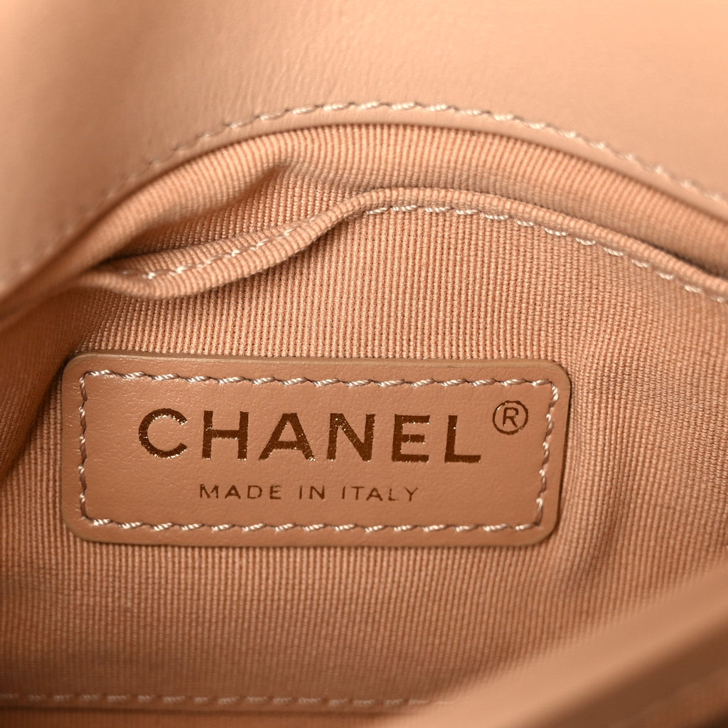 Calfskin Quilted Pearl Jewel Chain Flap Beige