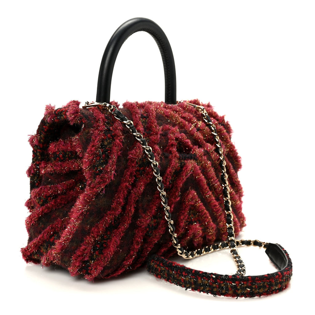 Tweed Fringe Mini Coco Handle Flap Red Black