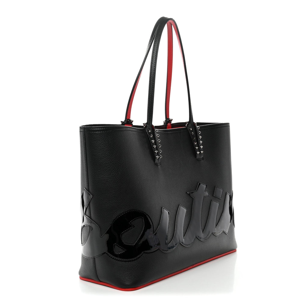 Calfskin Patent Logo Spikes East West Cabata Tote Black