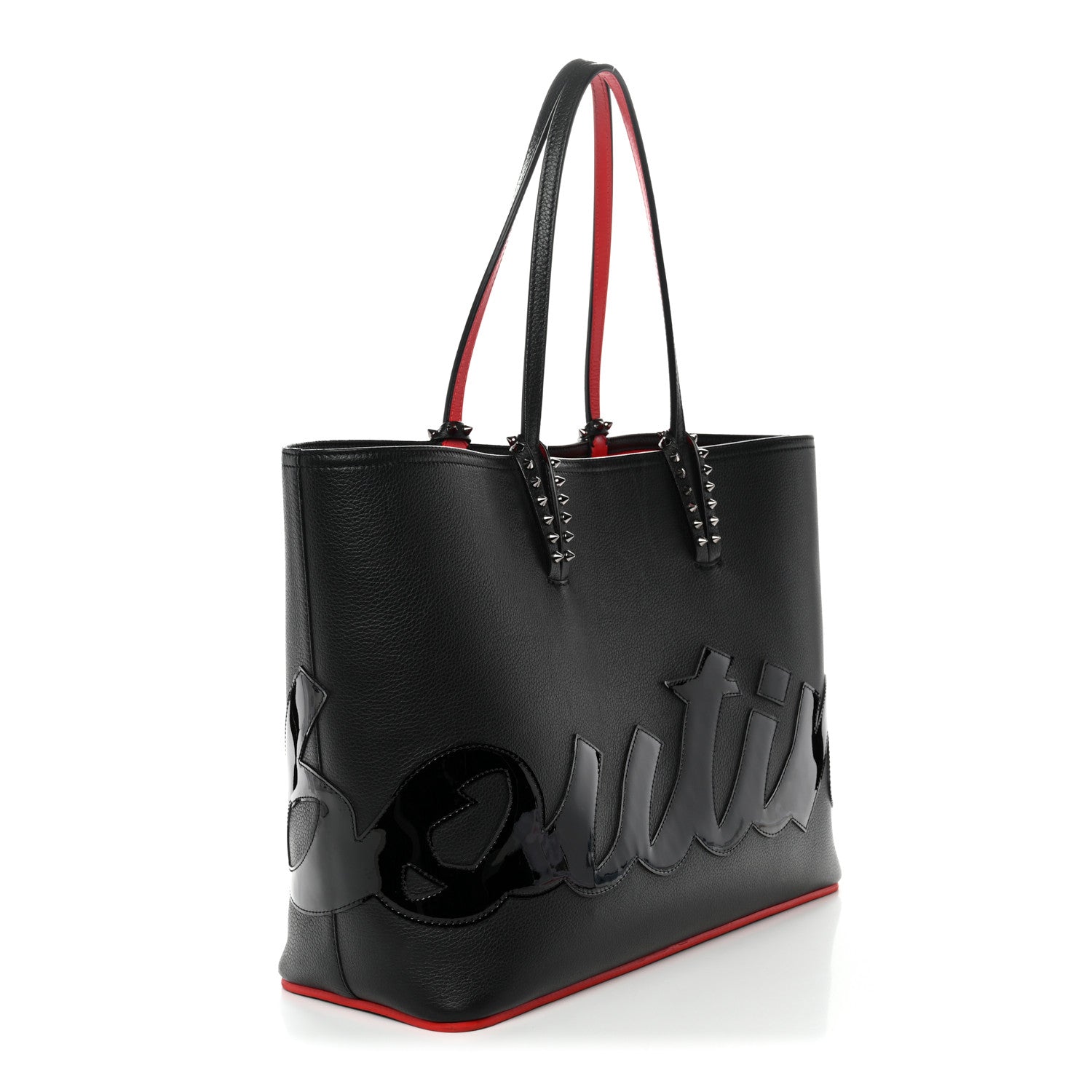 Calfskin Patent Logo Spikes East West Cabata Tote Black