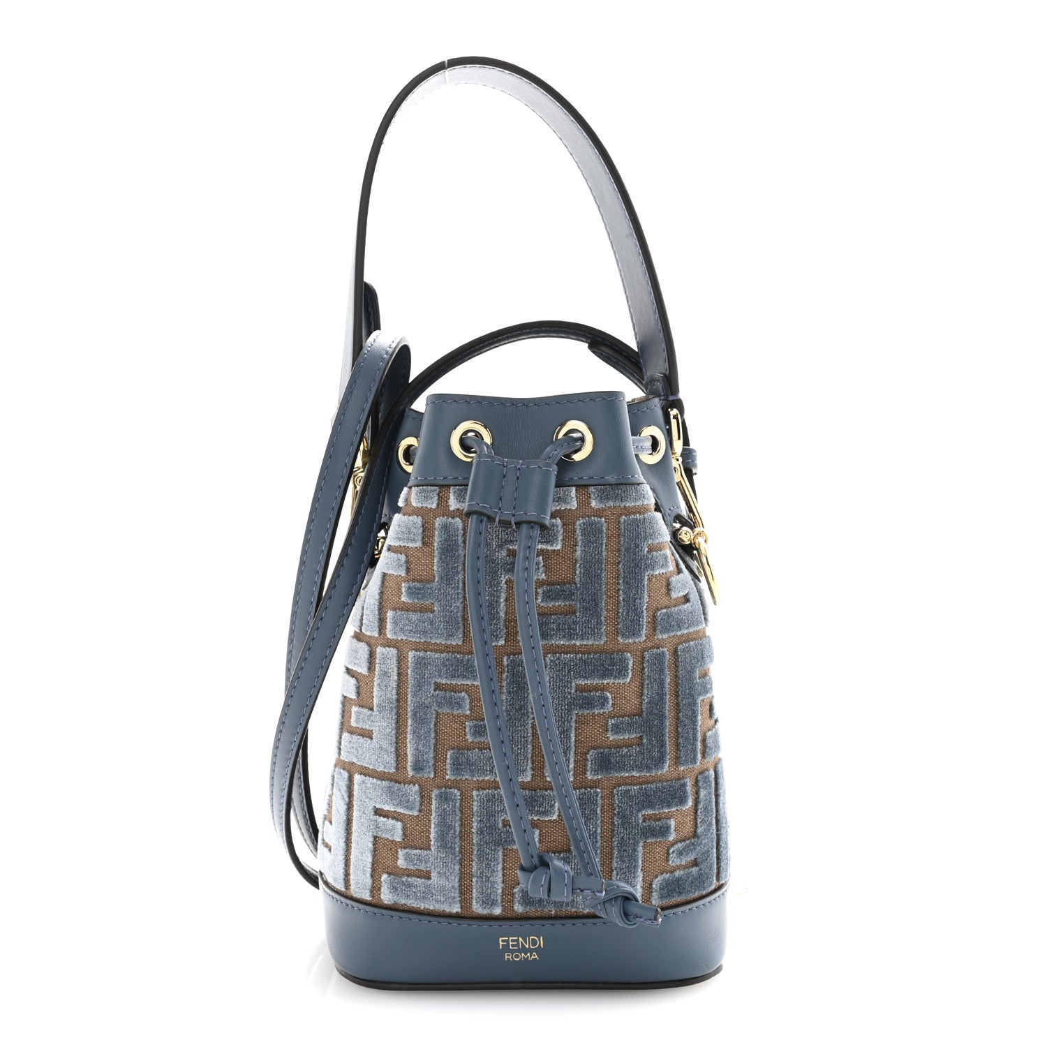 Vitello Grace Velluto FF Mini Mon Tresor Bucket Bag Dusty Blue Brown