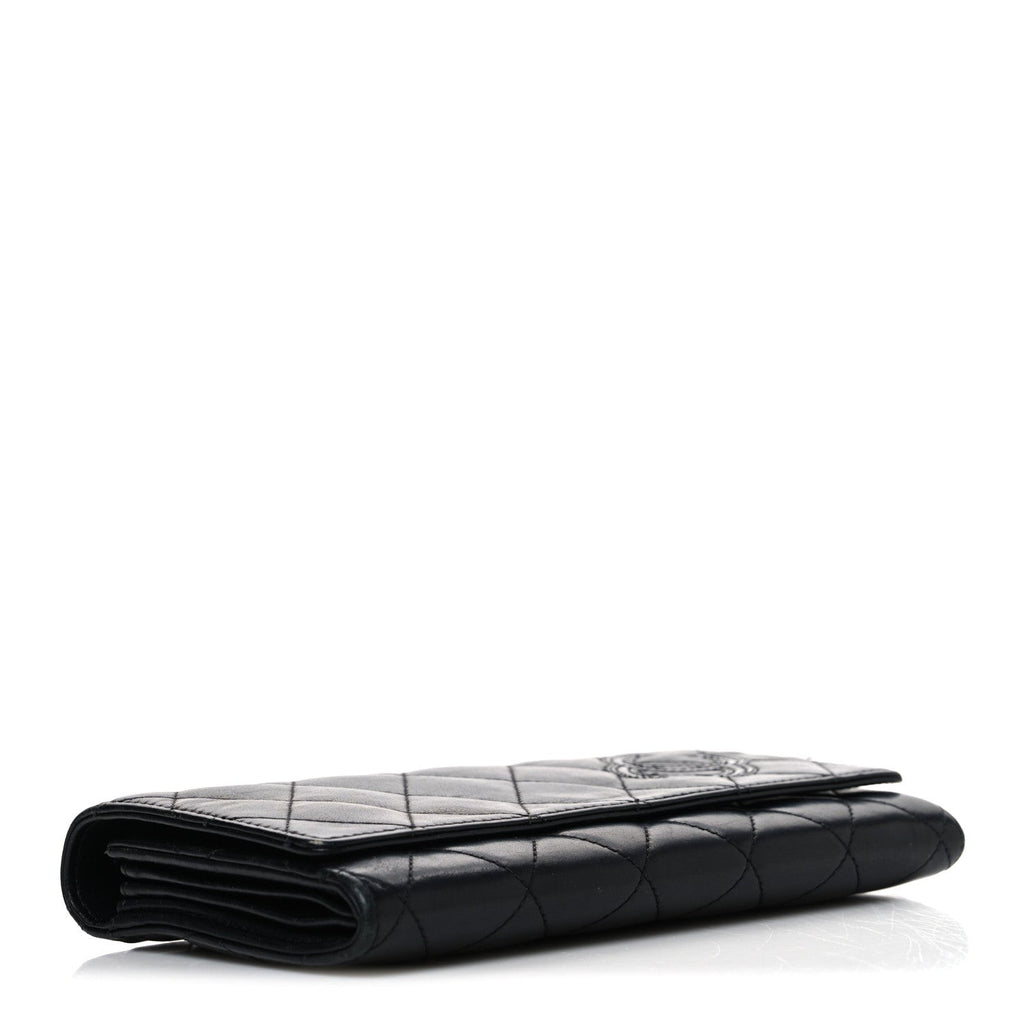 Calfskin Quilted Cambon Gusset Flap Wallet Black