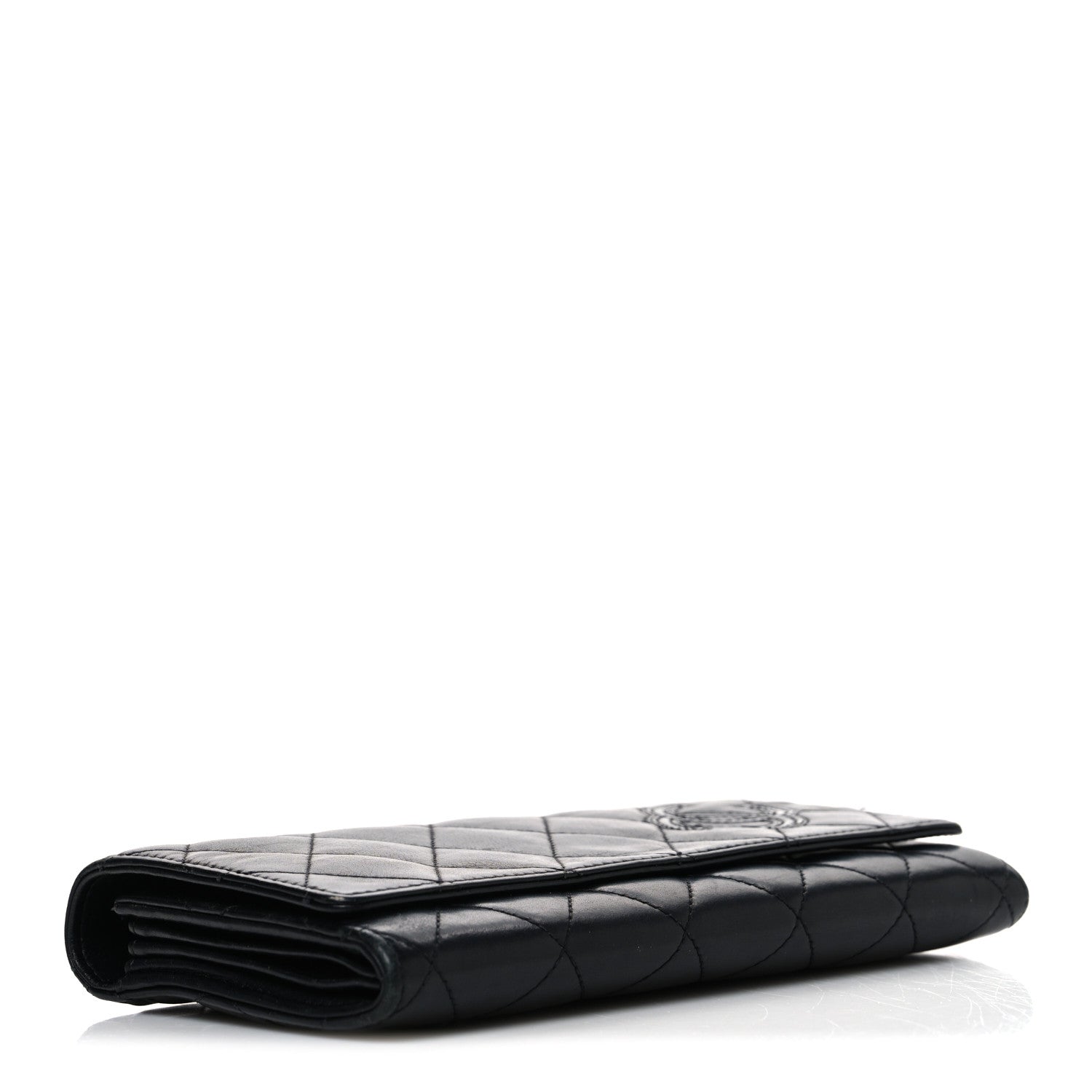 Calfskin Quilted Cambon Gusset Flap Wallet Black