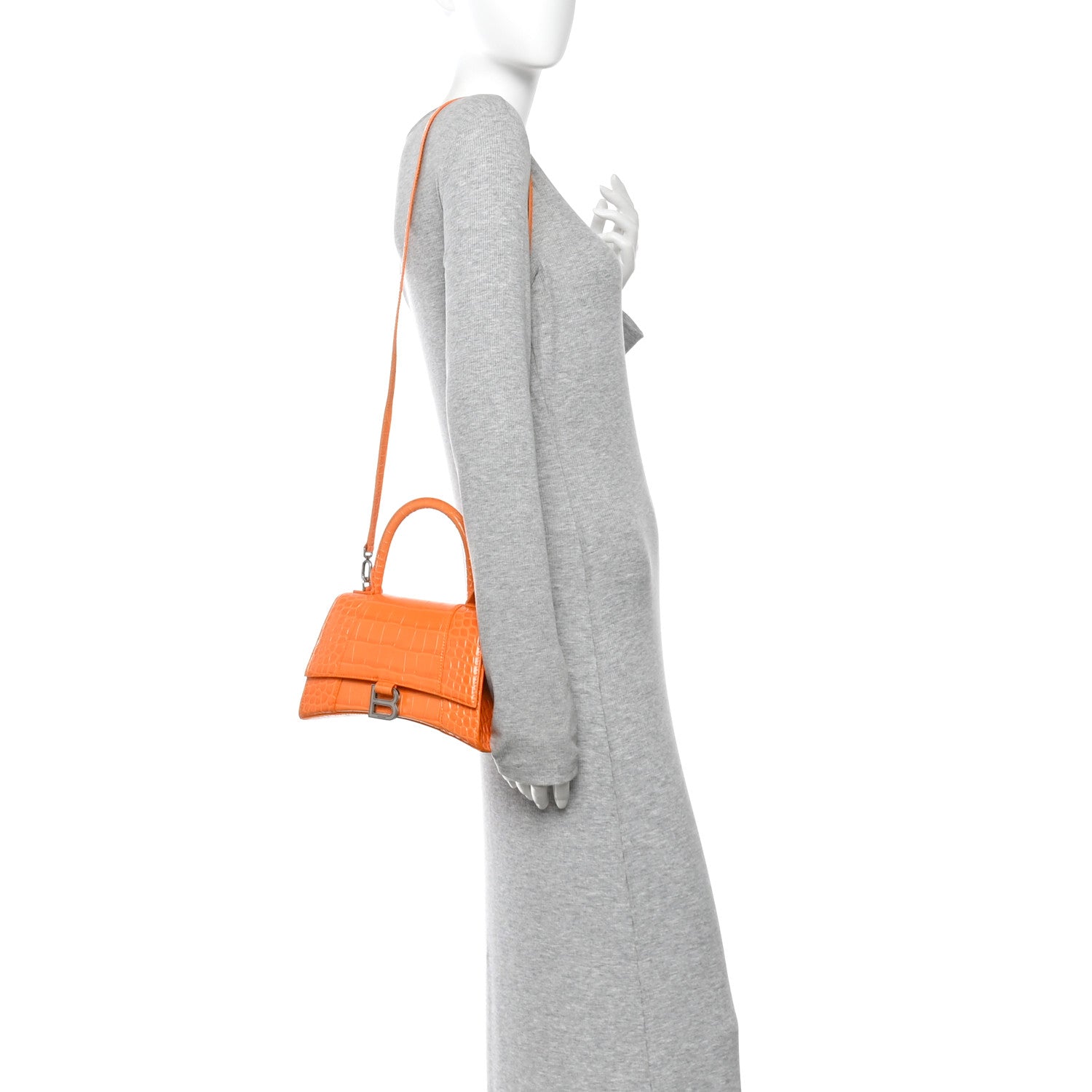 Shiny Calfskin Crocodile Embossed Small Hourglass Top Handle Bag Pop Orange