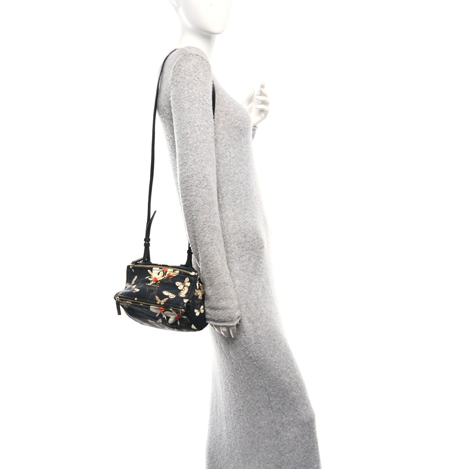 Lambskin Magnolia and Moth Print Mini Pandora Black