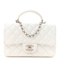Metallic Caviar Quilted Mini Top Handle Rectangular Flap White