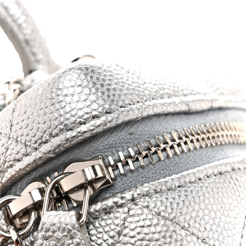 Metallic Caviar Quilted Mini Top Handle Vanity With Chain Silver