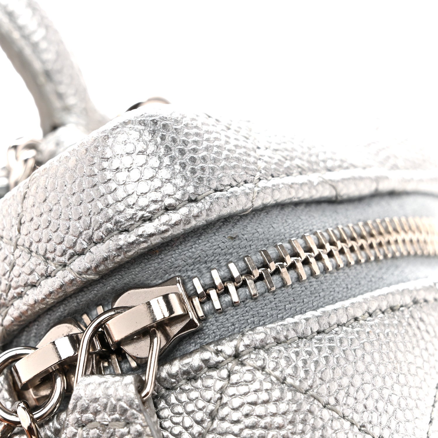 Metallic Caviar Quilted Mini Top Handle Vanity With Chain Silver