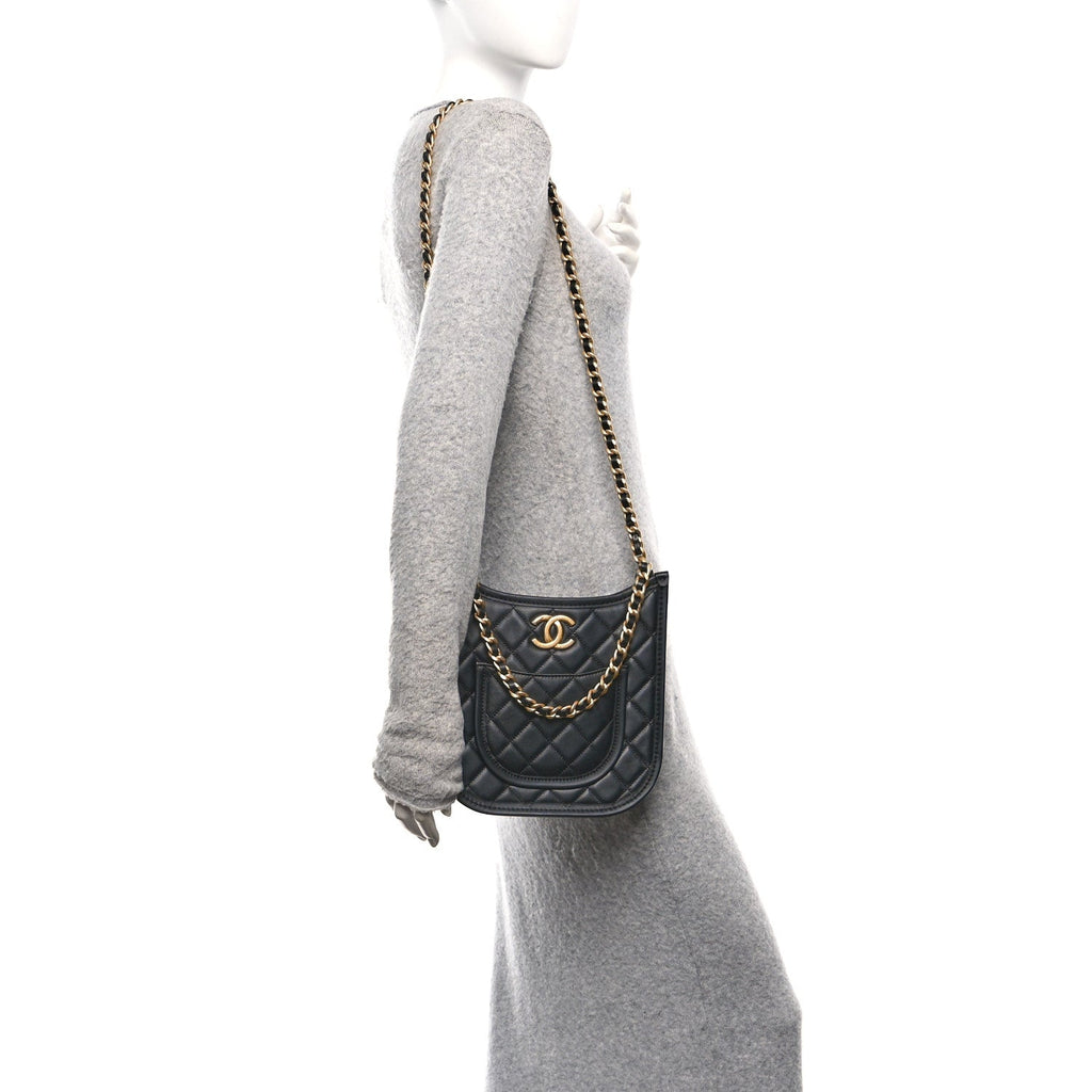 Calfskin Quilted CC Hobo Handbag Black