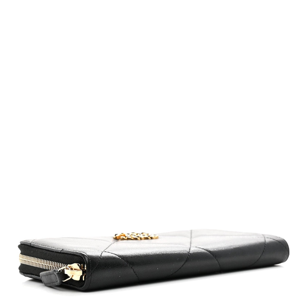 Shiny Goatskin Quilted Chanel 19 Long Zipped Around Wallet Black